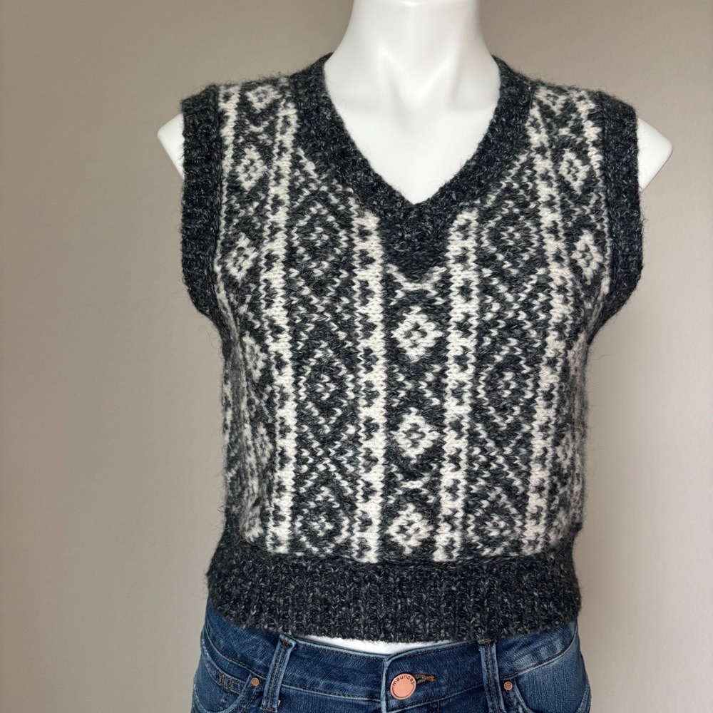 Rag & Bone Maisie Alpaca Cotton Blend Gray White Fair Isle Sweater Vest Medium